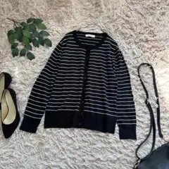 5277✾ニットカーディガン【M】ボーダー/ブラック系/羽織/ナチュラル/長袖