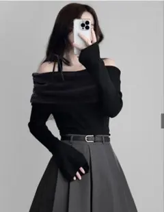 ★SALE★オフショルダーリボン長袖トップス ブラック