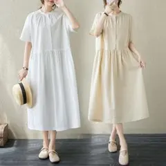 ボタン ラウンドネック カジュアル 薄手 無地のワンピース 体型をカバー