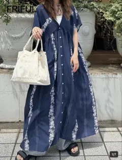 FRIFUL 花柄 ロングシャツワンピース ネイビーのサムネイル