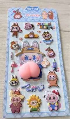 【新作】LABUBU ぷにぷに桃ハート 立体シール／PPステッカー／可愛い