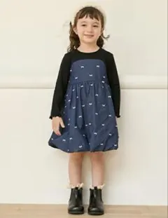 プティマイン リボン 刺繍 長袖 ワンピース