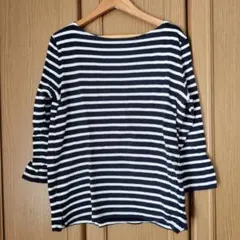 ネイビーとホワイトのストライプ五分袖Tシャツ Lサイズ