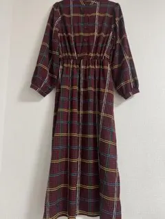 ワインカラー チェック柄 秋先取り ロングワンピース ポリエステル