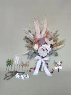 ウェディングブーケ:アーティフィシャルフラワーブーケ【ブートニアヘアーパーツ付】