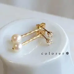 14kgf*3wayジルコニアダイヤ×淡水パールツイストバーピアス