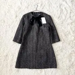 新品 ZARA ザラ ベルベットリボンツイードワンピース Sサイズ