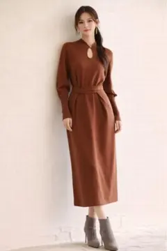 SAISON DE PAPILLON ハイゲージ編みニットワンピース Mブラウン