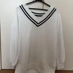 ホワイト Vネック セーター ストライプ襟　メンズも着れます！