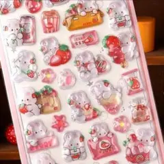 うるちゅる うさぎ シール いちご キラキラ 3Dシール 3枚セット