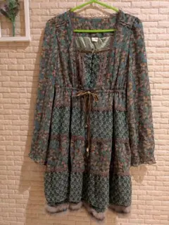 美品　axes femme花柄レトロ 長袖 ワンピース ファー 付　森ガール