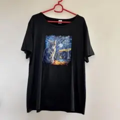 半袖　Tシャツ　カットソー　XL　猫　キャット　アート風　黒　ブラック