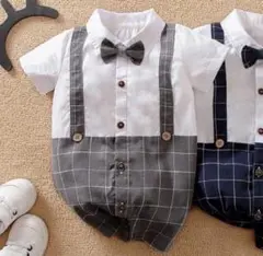 【美品】グレー フォーマル ロンパース 半袖 チェック セットアップ風 80cm