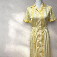 【訳あり】ヴィンテージ古着 レトロワンピース イエロー 花柄 総柄 開襟　9号