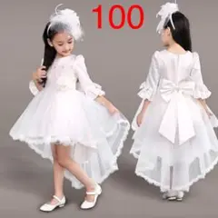 可愛い女の子プリンセスドレスワンピ♡フレンチ袖チュールスカート花リボン100白色