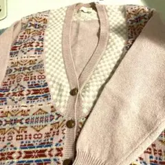 PINK HOUSE ピンク 毛100%幾何学模様 カーディガンくるみボタン