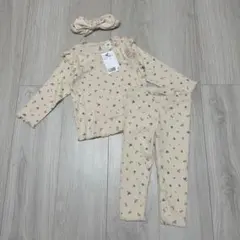 H&M 80cm 花柄　リブ素材　トップスとパンツ　セットアップ　3点セット