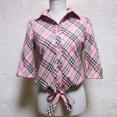 美品♡BURBERRY BLUE LABEL♡ノバチェックリボンシャツ♡ロゴ刺繍