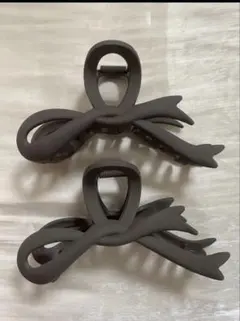 リボン型 ヘアクリップ 2個セット 約11.5cm ダークブラウン マット