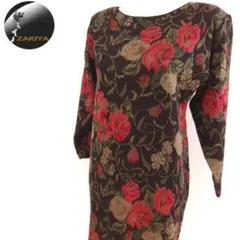 natural　ワンピース　ヴィンテージ　総柄　花柄　黒　赤　ウール混　日本製