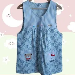 【人気】保育士 エプロン おてんばママ くま うさぎ刺繍 花柄 ブルー M〜L
