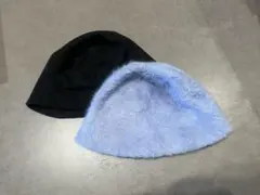バケットハット 黒 水色　フェイクファー　スウェード