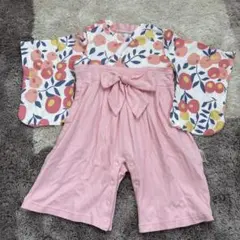 ベビー袴 着物 フラワーロンパース カバーオール オールインワン ピンク 80