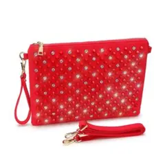 ラインストーン　×　スタッズクラッチバッグ　レッド（全6カラー有り）