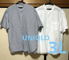 ユニクロ　リネンコットンスタンドカラーシャツ半袖　ストライプホワイトサイズXXL