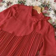 ⭐️レトロ古着　赤　プリーツ　ドット柄　ロングワンピース⭐️昭和　ヴィンテージ 春