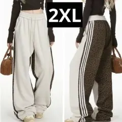 【新品】2XL 裏起毛　豹柄ワイドパンツ　スウェット　サイドライン レオパード