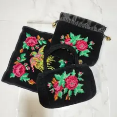 FEILER　ハンカチ　ポーチ　ミニバッグ　花柄刺繍　 3セット　まとめ売り