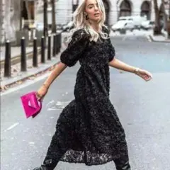 ZARA ブラック フラワーレース ロングワンピース