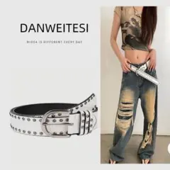 スタッズ付き　ホワイト　ベルト　ダブルピン　スケーター　y2k 男女兼用