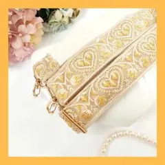 ショルダーストラップ【ベージュ✕イエローハート】インド刺繍　スマホストラップ