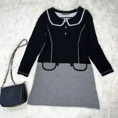MARY QUANT ニット膝丈ワンピース　可愛いオシャレグレー黒Mサイズ