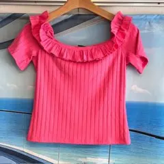 【新品★未使用】ZARA レディース USA M フリル付オフショルダー ピンク