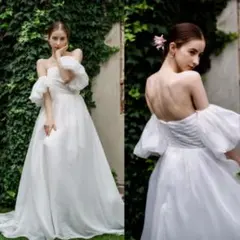 【2way】ウェディングドレスS パフスリーブ 前撮り ホワイト オーガンジー