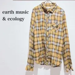 アースミュージックアンドエコロジー チェックシャツ 綿 レース イエロー 総柄
