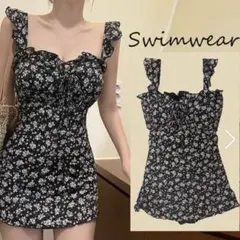 【水着】　花柄　ワンピース型水着　サロペット水着　レディース　体型カバー　韓国