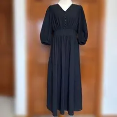 VIS Vネック パフスリーブ ロングワンピース ブラックのサムネイル