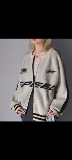 JAVA スピード ロゴ刺繍 ニットカーディガン ベージュ ダブルジッパー