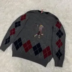 【美品ゴルフ柄】☆ライルアンドスコット　アーガイル柄ニットセーター　グレーウール