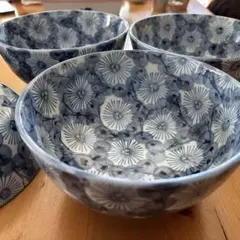 ラーメンどんぶり#アンティーク#レトロ 青い花柄の陶器ボウル5個セット