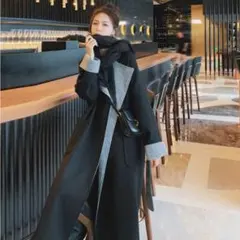 ウール混合ロングコート ブラック/グレー