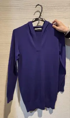 紫色 フード付き 長袖ニットセーター