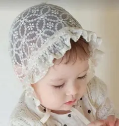 【きなり】レース帽子　ボンネット　お宮参り　花　刺繍　退院着　セレモニードレス