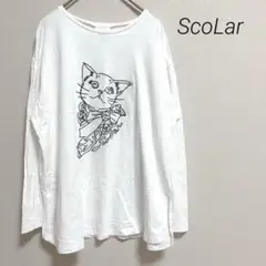 スカラー　長袖Tシャツ　イラストTシャツ　刺繍　ネコ　サイドスリット　M
