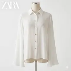 ZARA ザラ プリーツスリーブ シアー ブラウス 長袖 白 金ボタン M