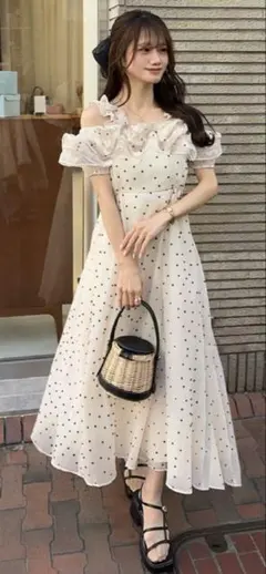 GRL ドット柄フリルオフショルダーフレアロングワンピース[ru1165]